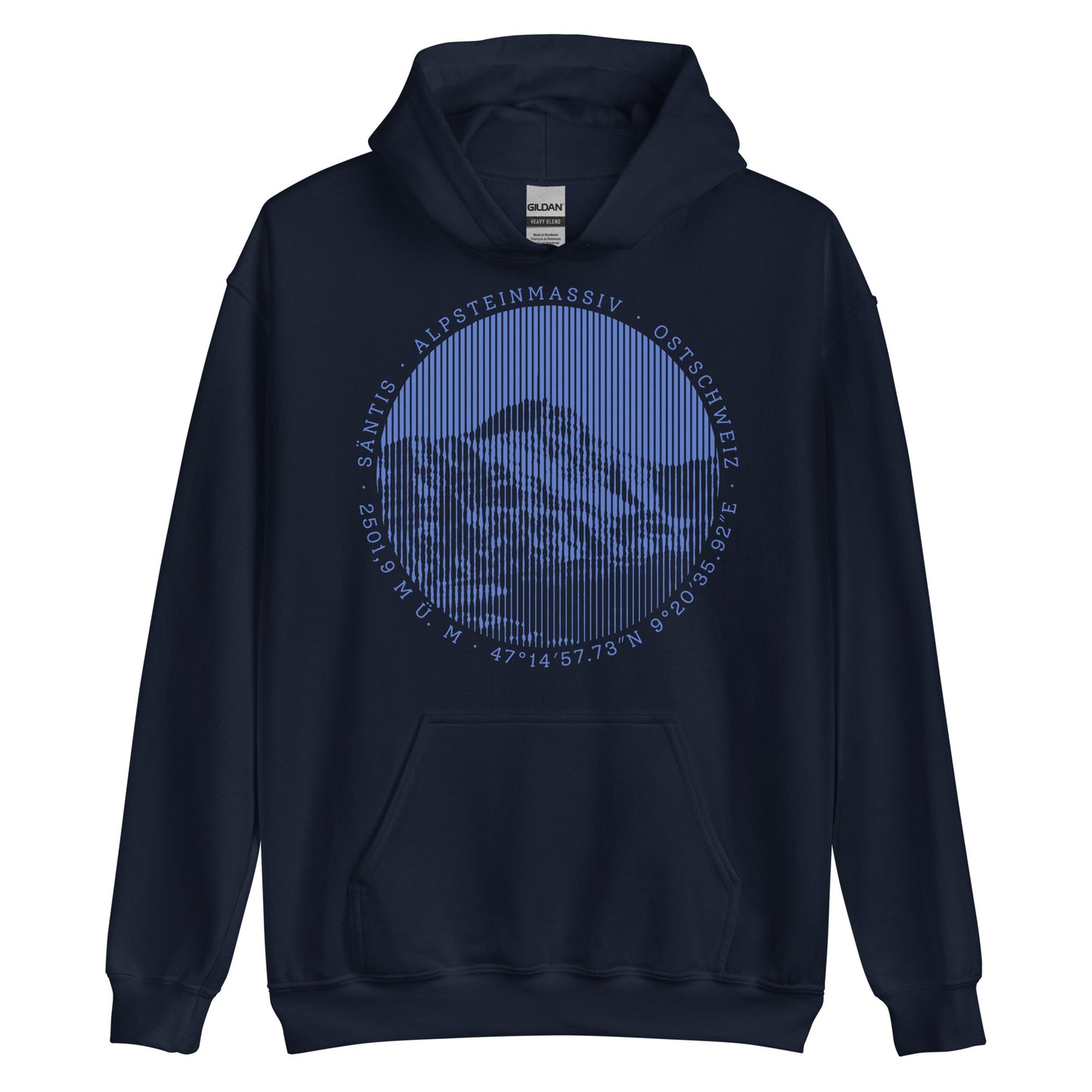 Navyblauer Herren Hoodie. Der Print zeigt den Säntis, einen legendären Berggipfel in den Appenzeller Alpen in der Ostschweiz.