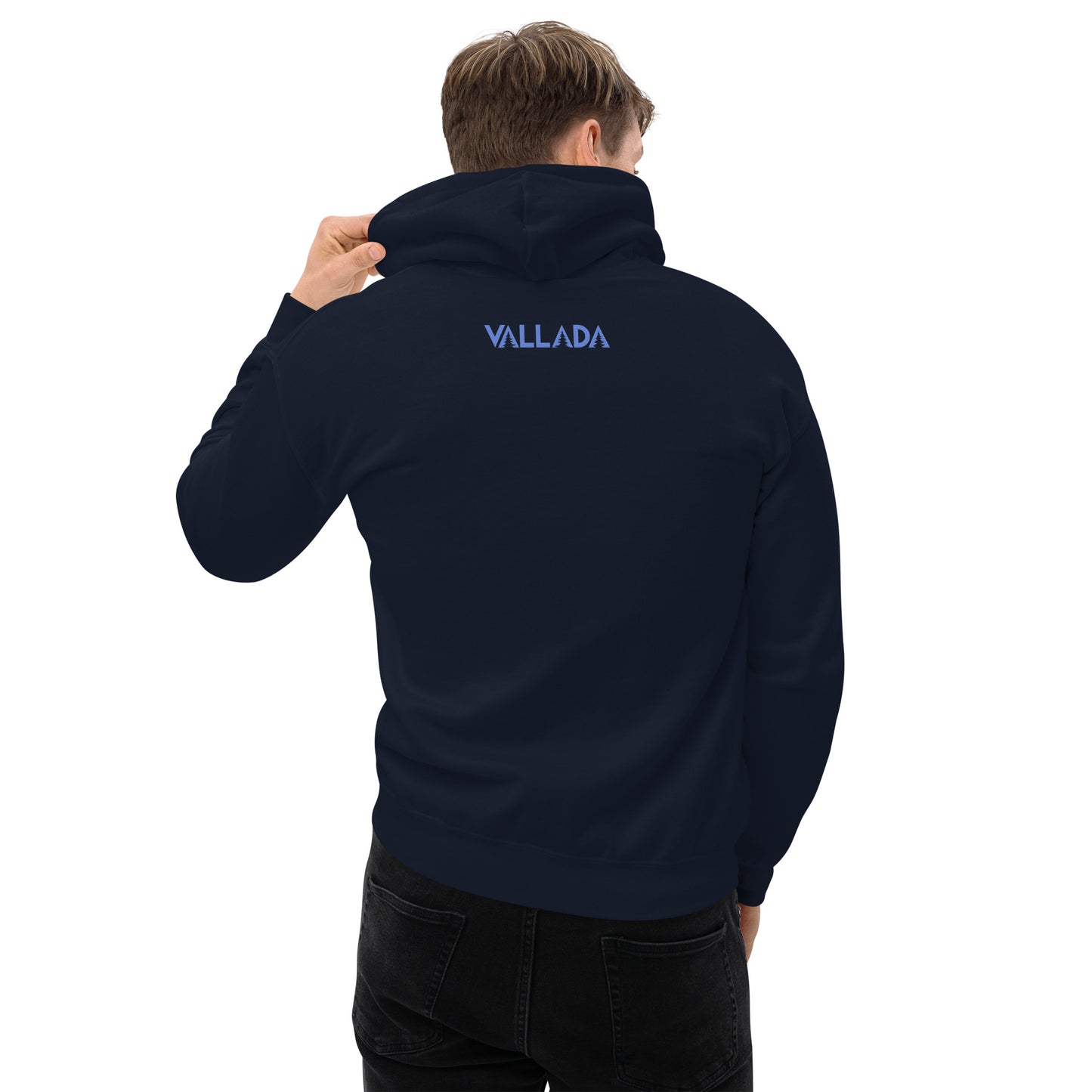 Dieser Wanderfreund trägt einen navyblauen Herren Hoodie aus der Säntis-Collection von Vallada. Er steht mit dem Rücken zur Kamera, so dass wir das Vallada-Logo sehen.