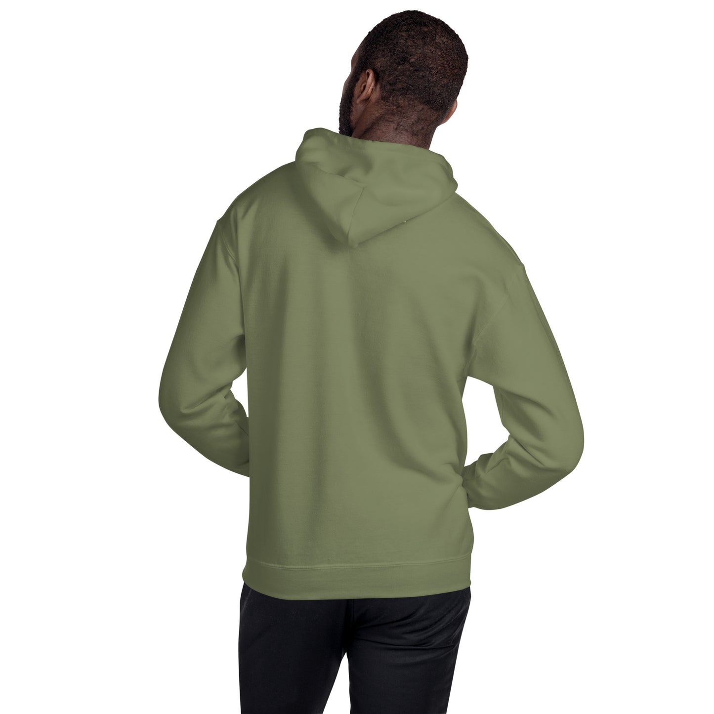 Dieser Wanderfreund trägt einen olivgrünen Herren Hoodie aus der Säntis-Collection von Vallada. Er steht mit dem Rücken zur Kamera, so dass wir die Rückseite des Hoodies sehen können.