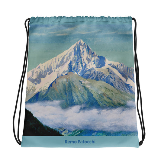 Schwarzer Kordelzugbeutel mit Bietschhorn-Motiv von Remo Patocchi, Baumwolle, 38 x 42 cm.