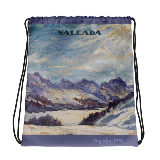 Sportbeutel mit Kordelzug, bedruckt mit dem Gemälde 'Engadin im Winter' von Hans Unger, ideal für Sport und Freizeit.