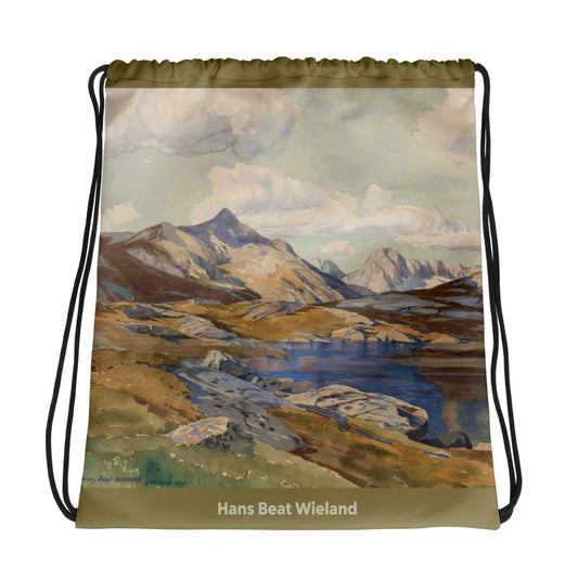 Kordelzugbeutel mit Gotthardpasshöhe-Design von Hans Beat Wieland in Blau.