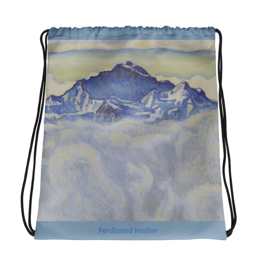 Schwarzer Kordelzugbeutel mit Kunstwerk 'Jungfrau über dem Nebelmeer' von Ferdinand Hodler.