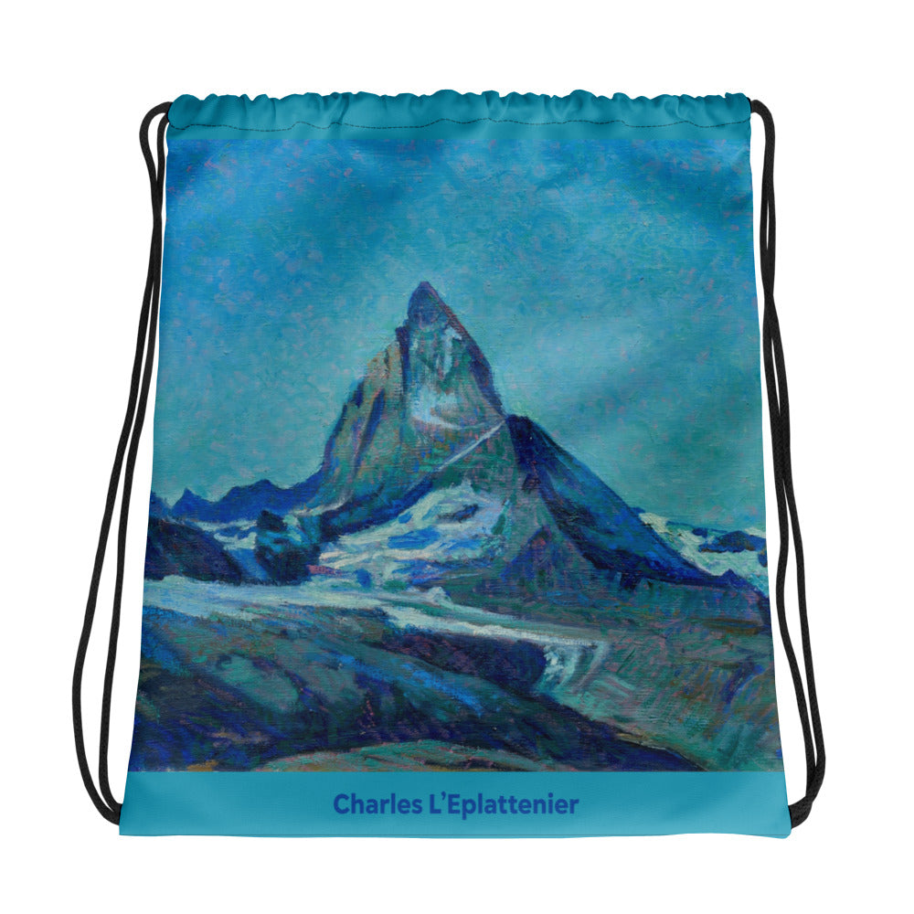 Schwarzer Kordelzugbeutel mit Matterhorn-Motiv, Design von Charles L’Eplattenier