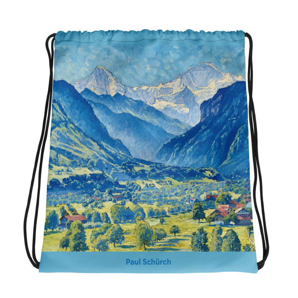 Schwarzer Kordelzugbeutel mit Mönch und Jungfrau Motiv von Paul Schürch