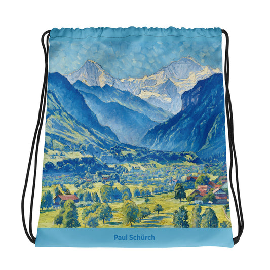 Schwarzer Kordelzugbeutel mit Motiv Mönch und Jungfrau von Paul Schürch