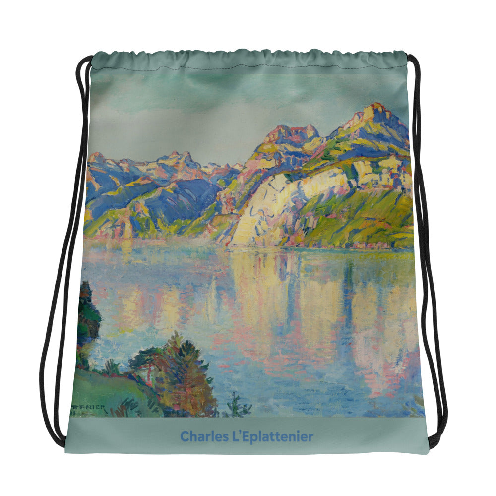 Schwarzer Kordelzugbeutel mit Rütli-Design von Charles L’Eplattenier, ideal für Sport und Freizeit.