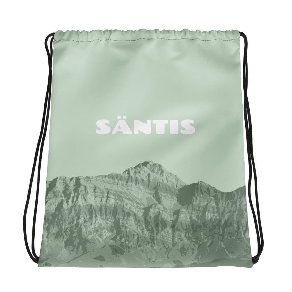 Grüner Kordelzugbeutel "Säntis" aus strapazierfähigem Material mit geräumigem Hauptfach.