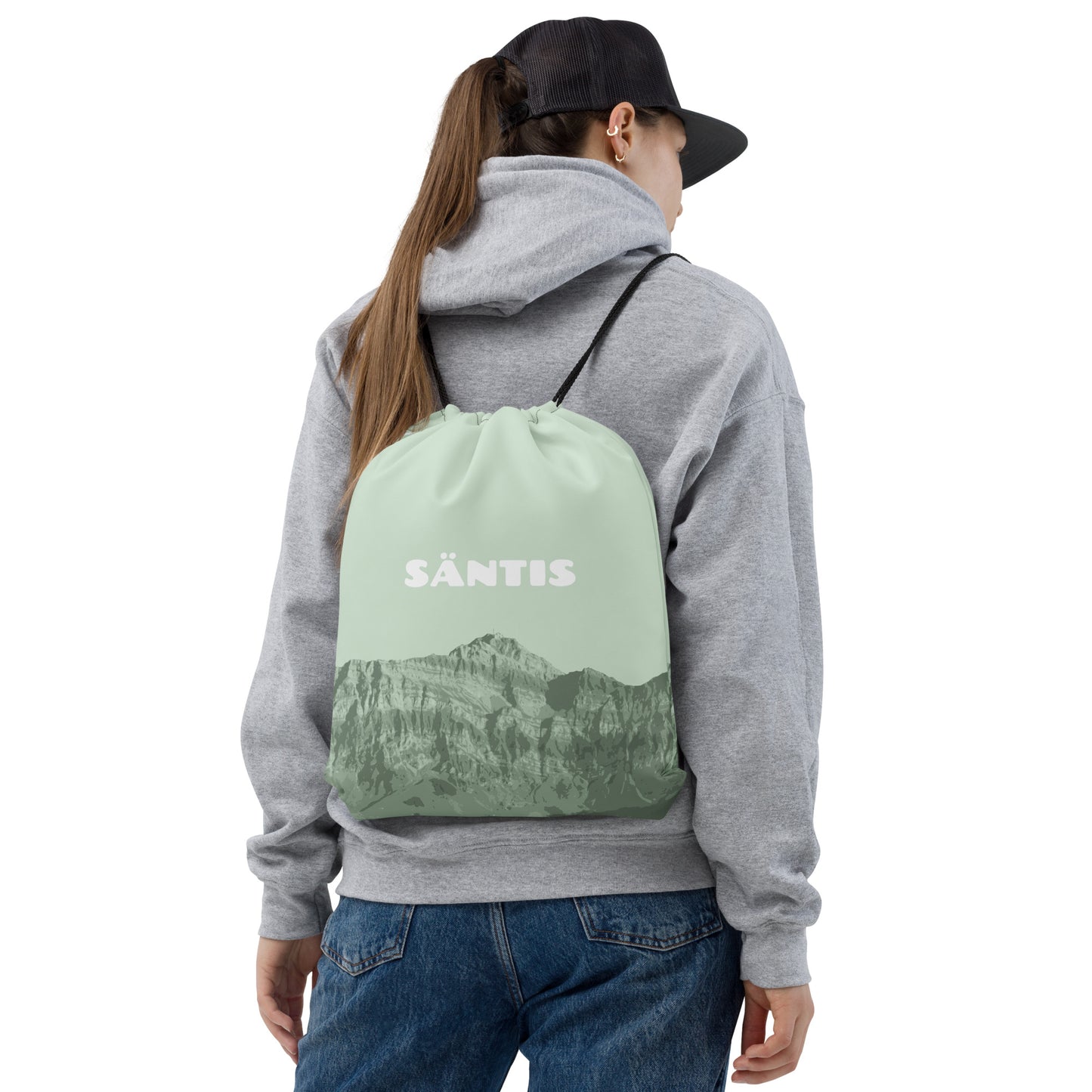 Grüner Kordelzugbeutel "Säntis" mit geräumigem Hauptfach, ideal für Sport und Freizeit.