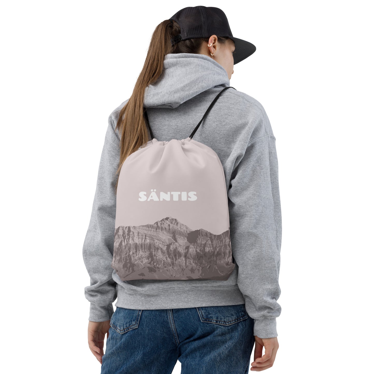 Roter Kordelzugbeutel "Säntis" aus strapazierfähigem Polyester mit seitlichen Taschen.