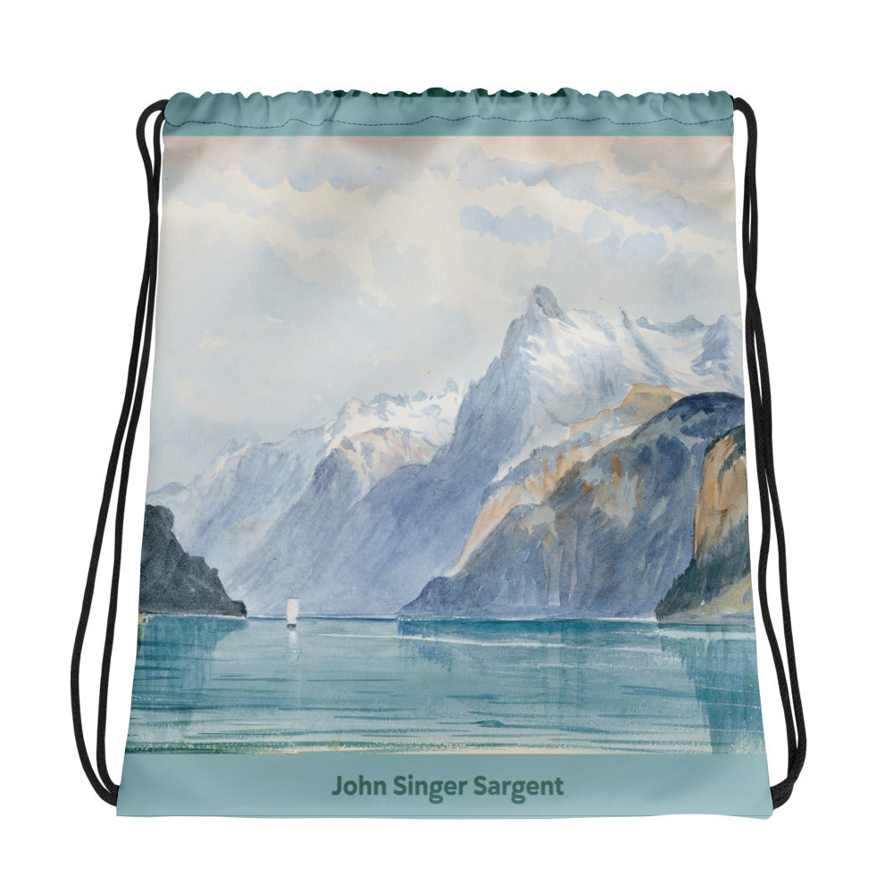 Dunkelblauer Kordelzugbeutel mit Urnersee-Motiv von John Singer Sargent, Baumwolle, ideal für Sport und Freizeit.