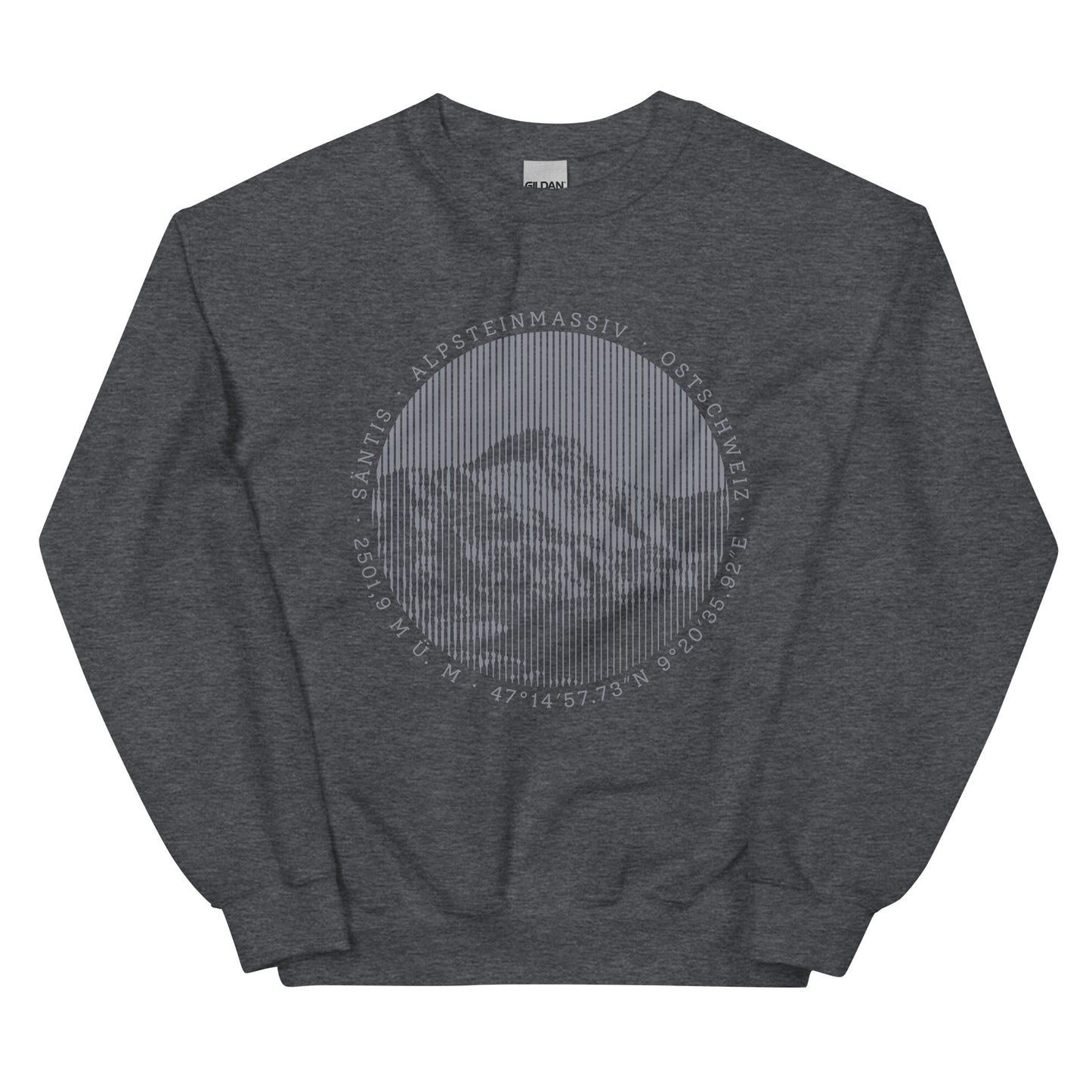 Sweatshirt dunkelgrau melliert mit einem Print, dass den Säntis zeigt.