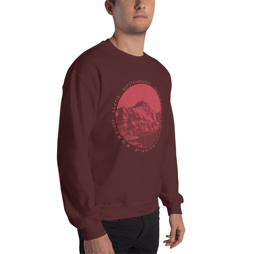 Kastanienbraunes Sweatshirt mit Säntis. Getragen von einem jungen Herrn.