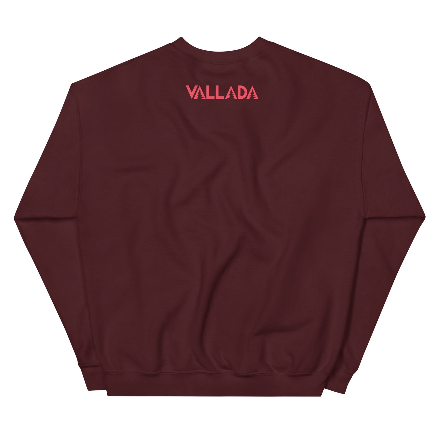 Rückseite eines kastanienbraunen Sweatshirts mit Vallada-Logo.