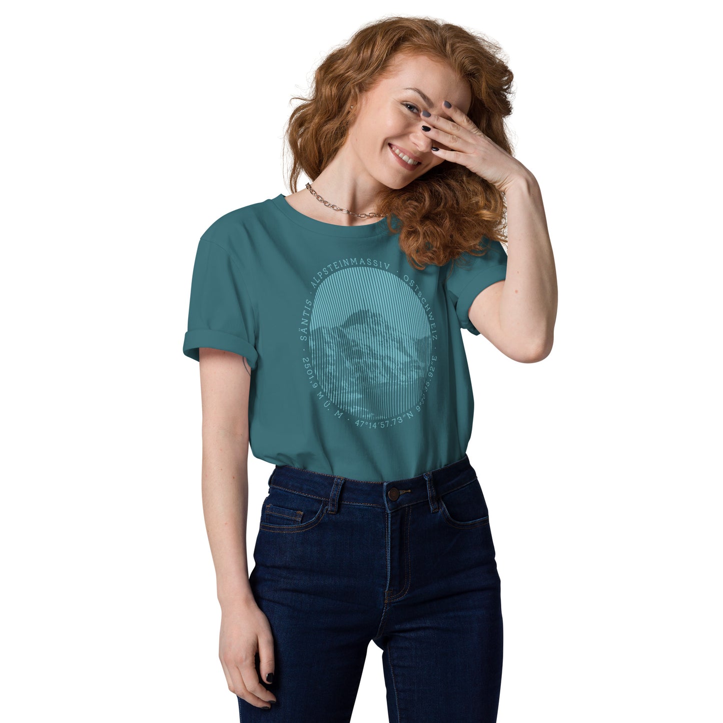 Damen T-Shirt Säntis von Vallada in Stargazer (petrol), Bio-Baumwolle, mit Säntis-Gipfel-Aufdruck.