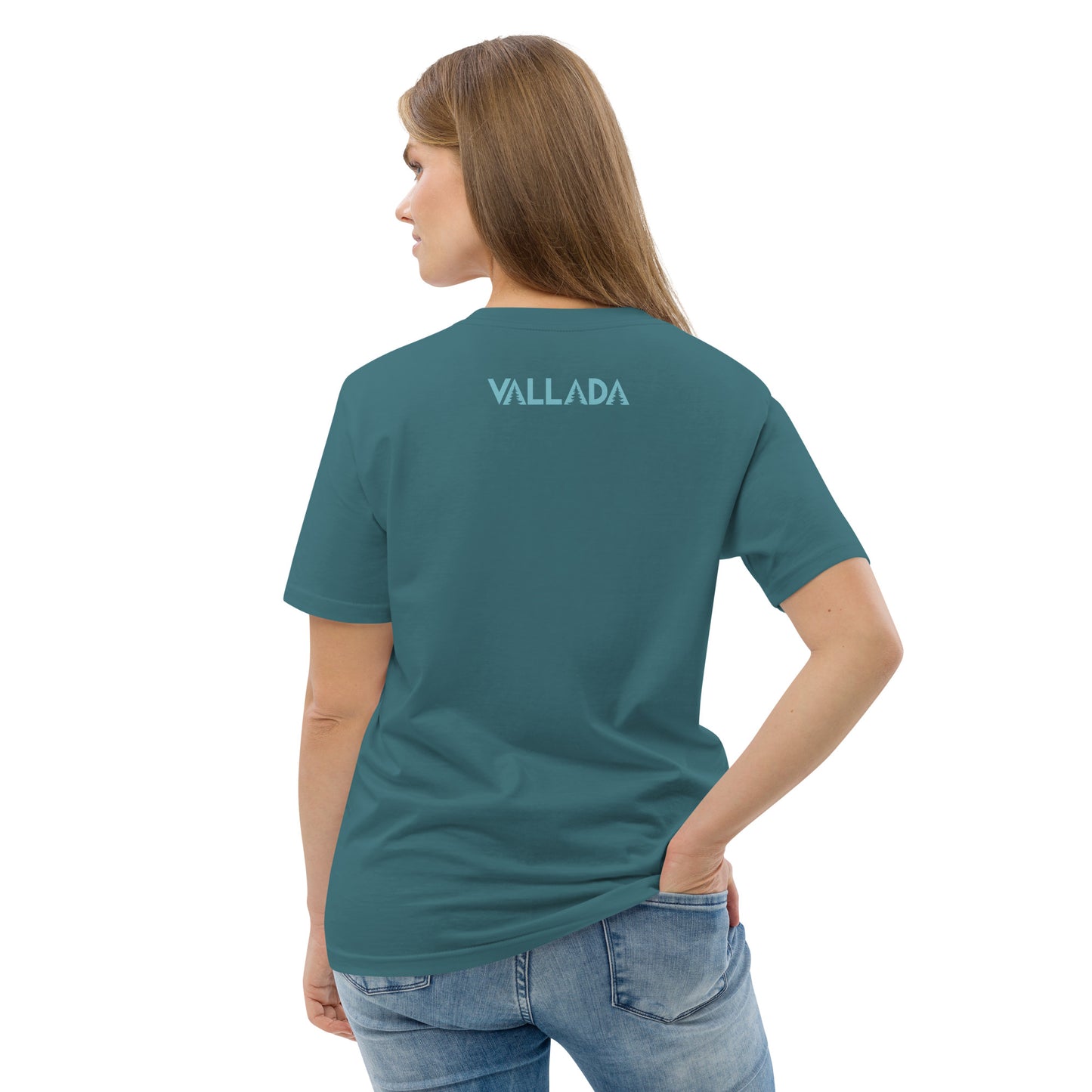 Damen T-Shirt aus Bio-Baumwolle in Petrol, Rückenansicht, Stargazer Design von Vallada.