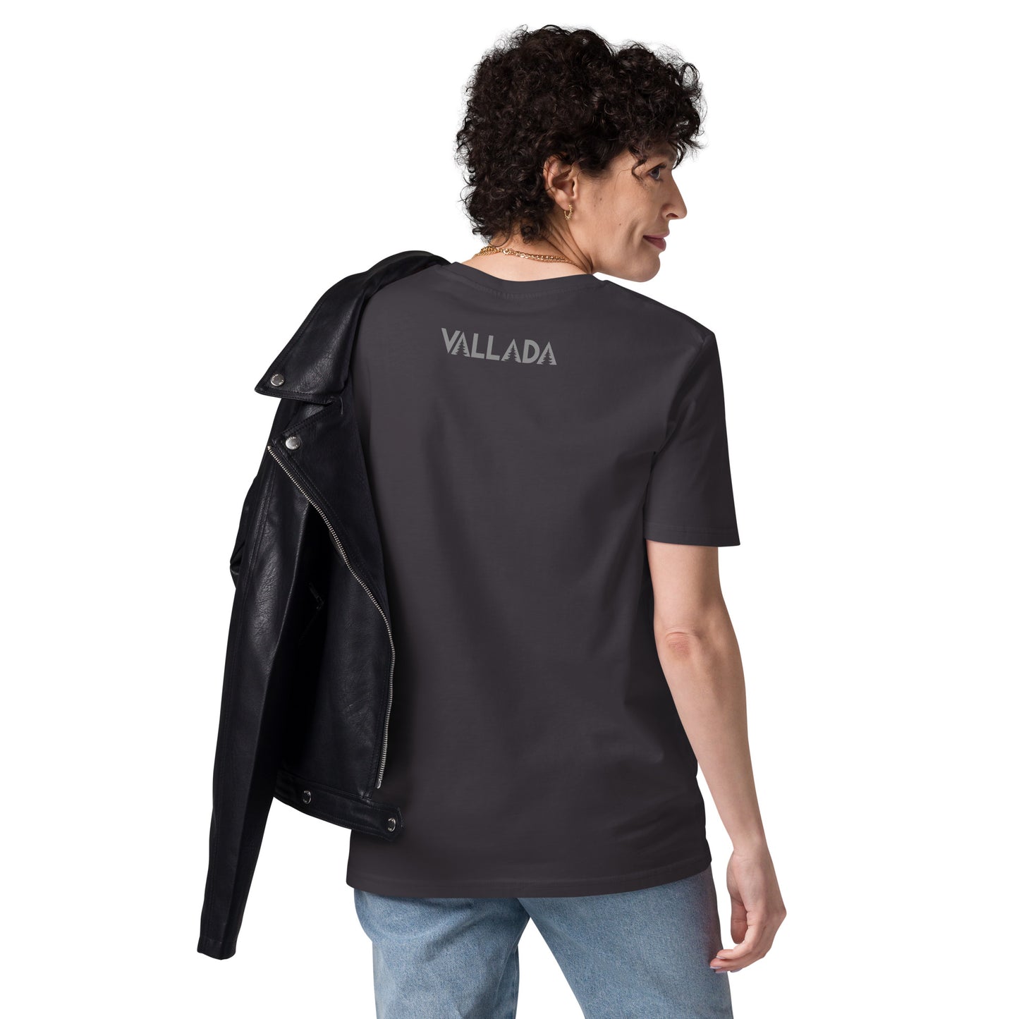 Anthrazitfarbenes Damen T-Shirt aus Bio-Baumwolle der Säntis-Collection von Vallada, Rückansicht mit Logo.