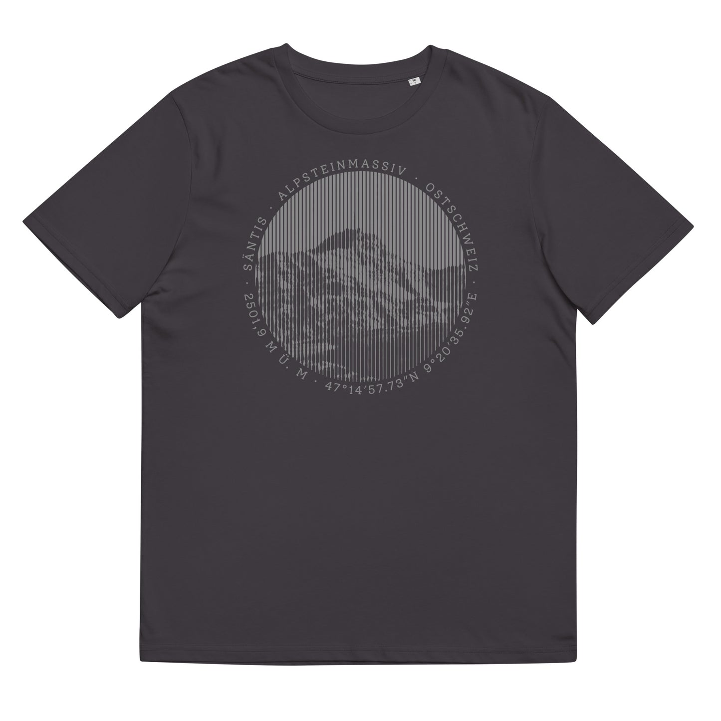 Damen T-Shirt in Anthrazit mit Säntis-Print aus Bio-Baumwolle, Vorderansicht.