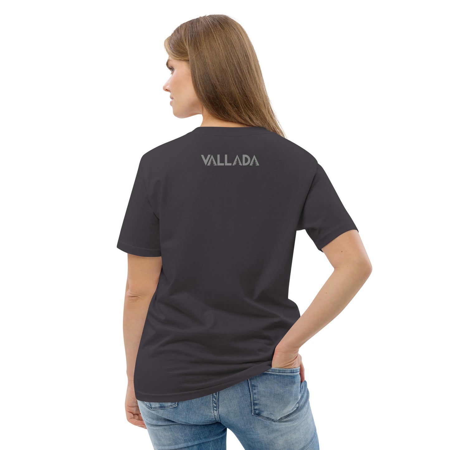 Anthrazitfarbenes Damen T-Shirt aus Bio-Baumwolle der Säntis-Collection von Vallada, Rückansicht mit Vallada-Logo.
