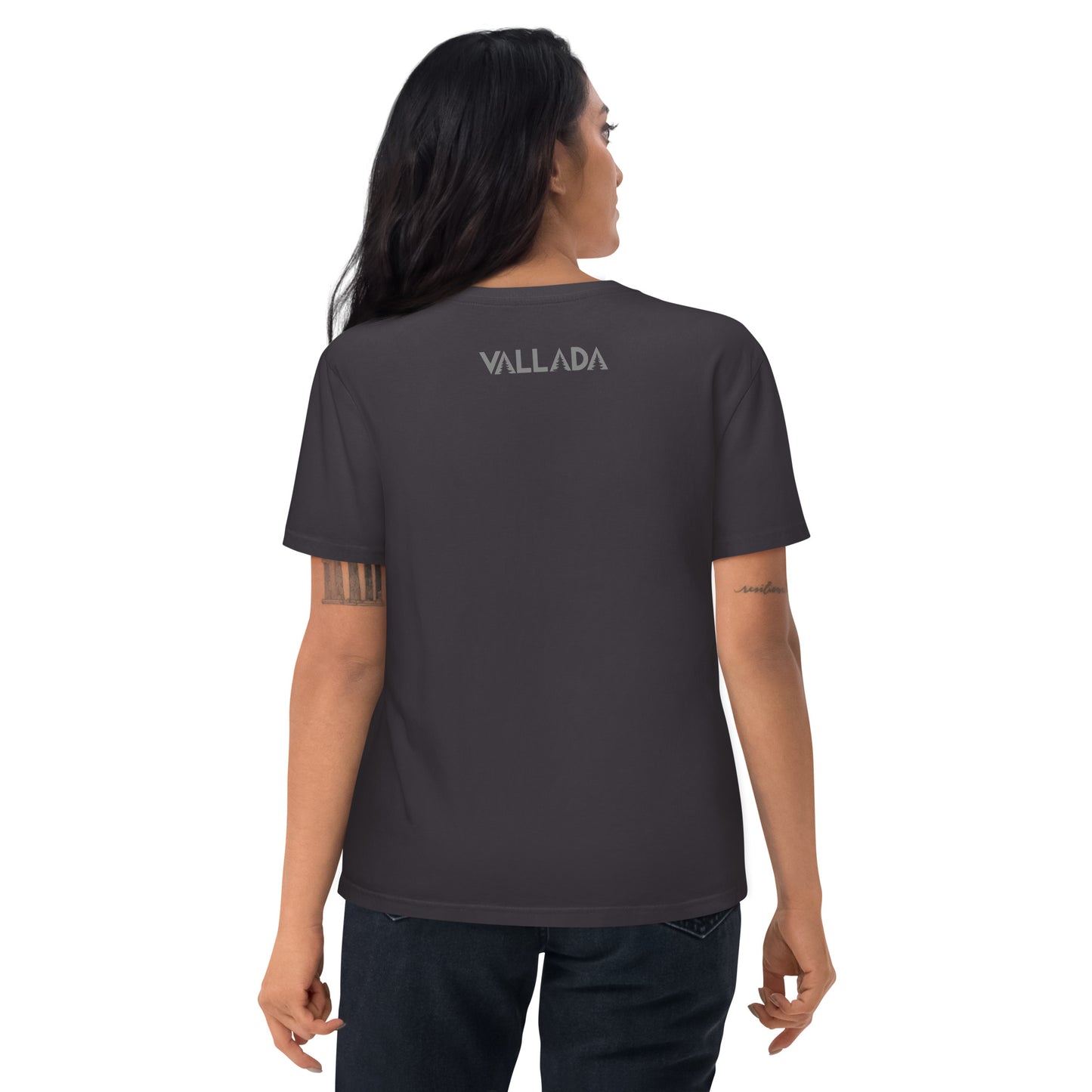 Damen T-Shirt aus Bio-Baumwolle in Anthrazit von Vallada, Rückansicht mit Vallada-Logo