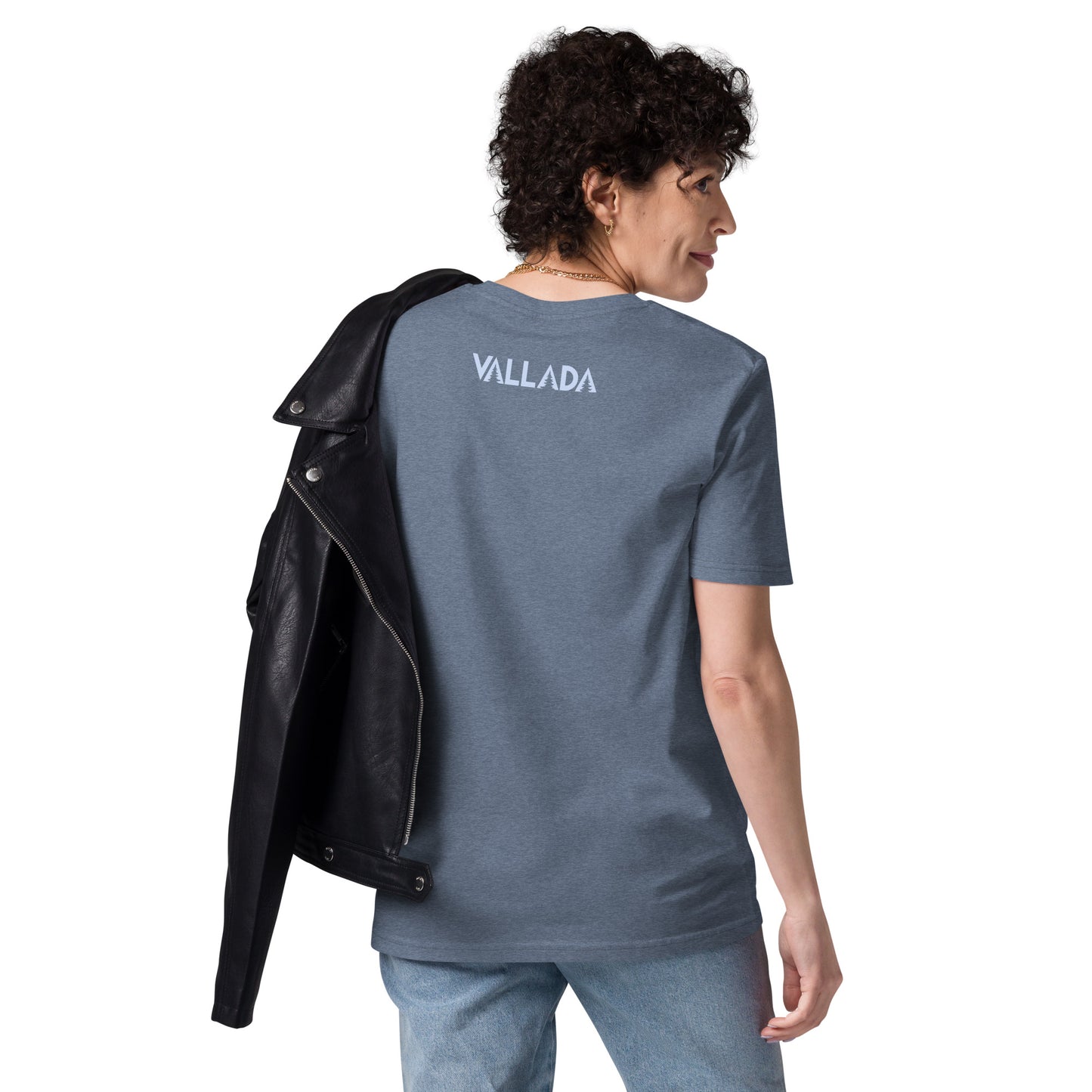 Dunkelblau meliertes Damen T-Shirt aus Bio-Baumwolle der Säntis-Collection von Vallada, Rückansicht mit Vallada-Logo.