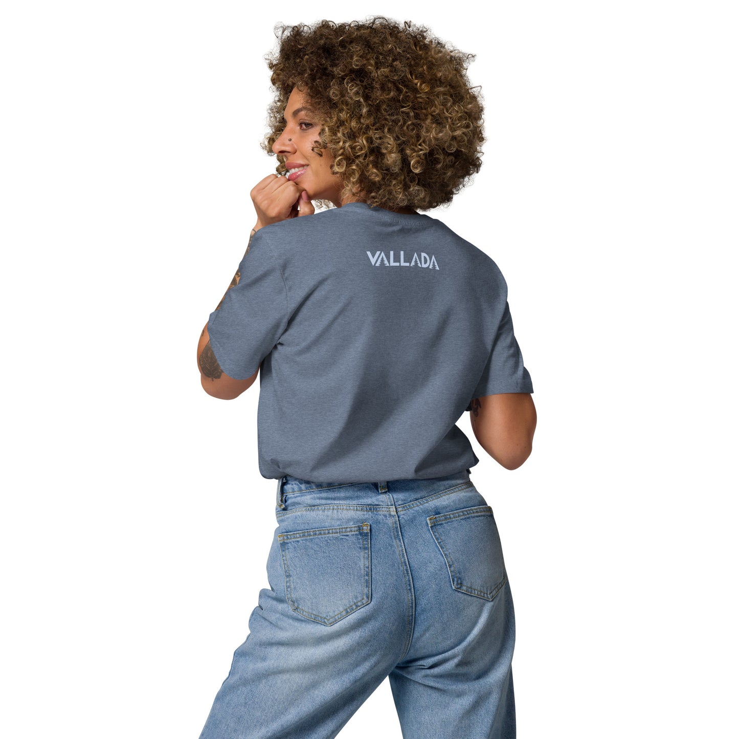 Dunkelblau meliertes Damen T-Shirt aus Bio-Baumwolle der Säntis-Collection von Vallada, Rückansicht mit Vallada-Logo.