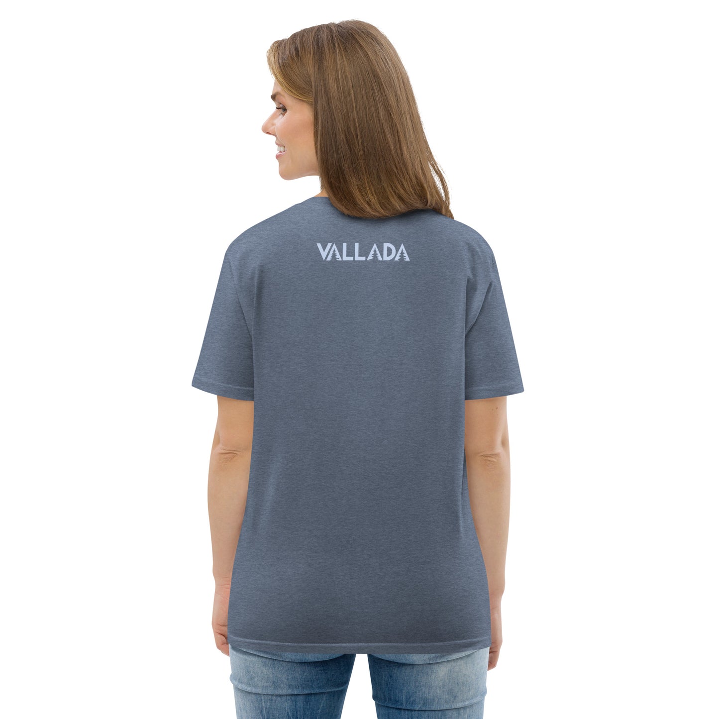 Dunkelblau meliertes Damen T-Shirt aus Bio-Baumwolle der Säntis-Collection von Vallada, Rückansicht mit Logo.