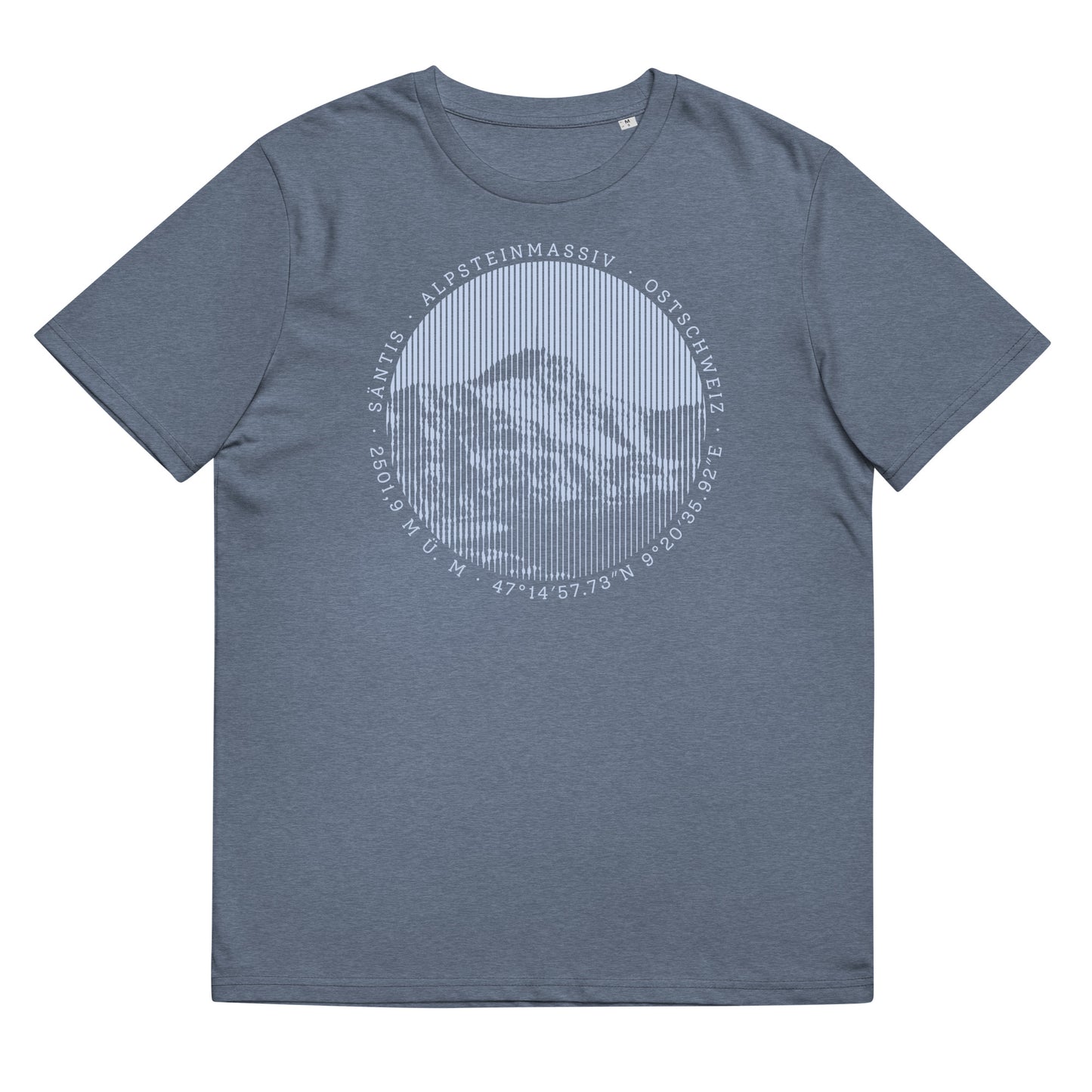 Dunkelblau meliertes Damen T-Shirt aus Bio-Baumwolle mit Säntis-Print, legendärer Berggipfel in der Ostschweiz.
