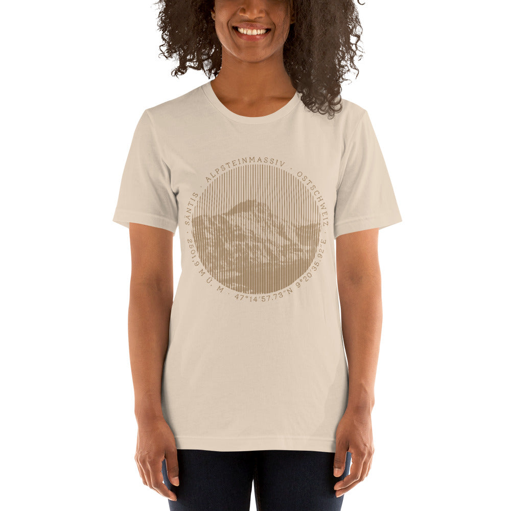 Crèmefarbenes Damen T-Shirt mit Säntis-Gipfel-Aufdruck, Baumwolle, lässiger Schnitt, Alpenmotiv.