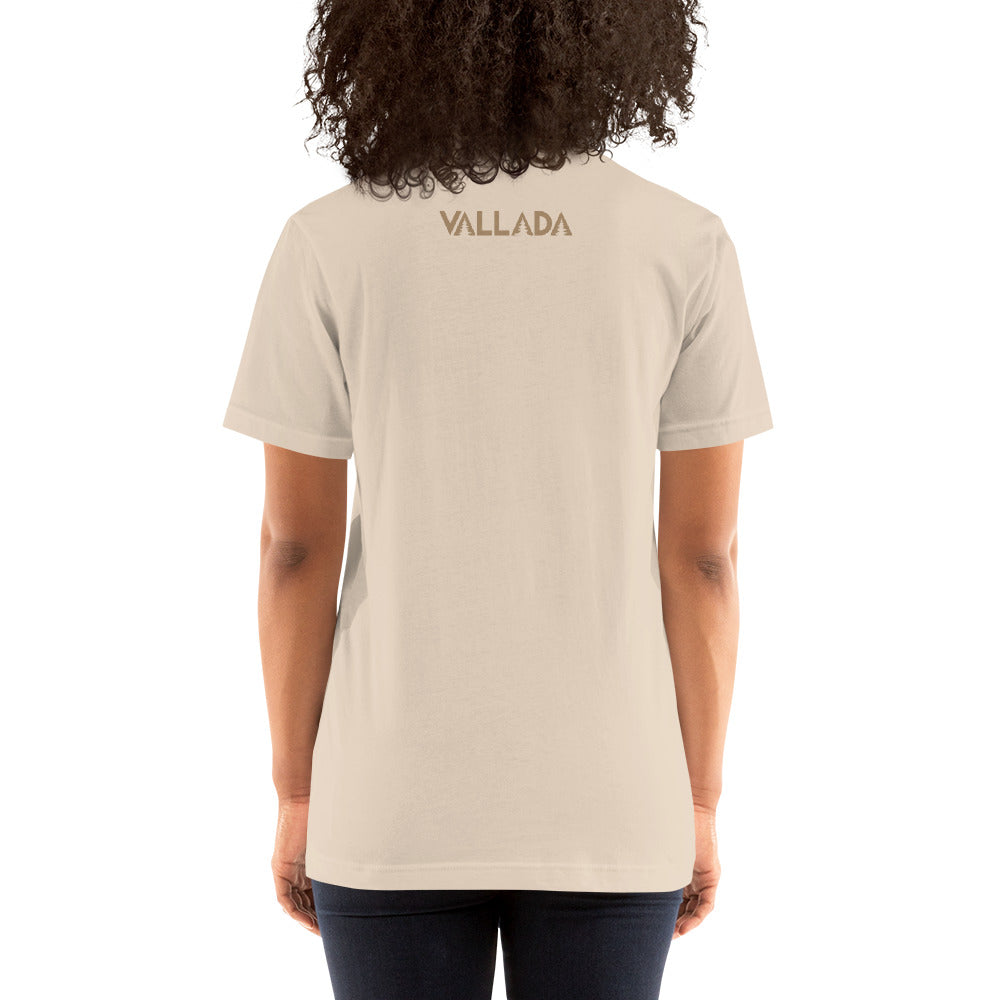 Rückansicht eines crèmefarbenen Damen T-Shirts aus Baumwolle mit Rundhalsausschnitt.