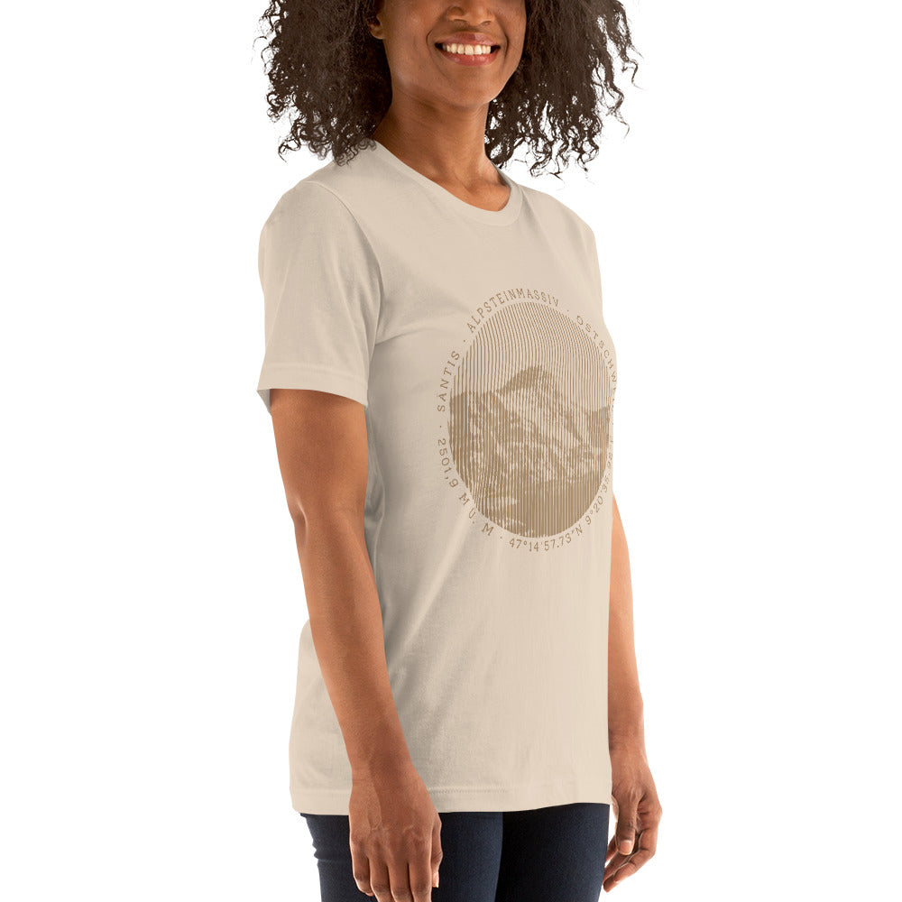 Damen T-Shirt in Crèmefarbe mit Säntis-Aufdruck, Baumwolle, lässiger Schnitt, Naturmotiv.