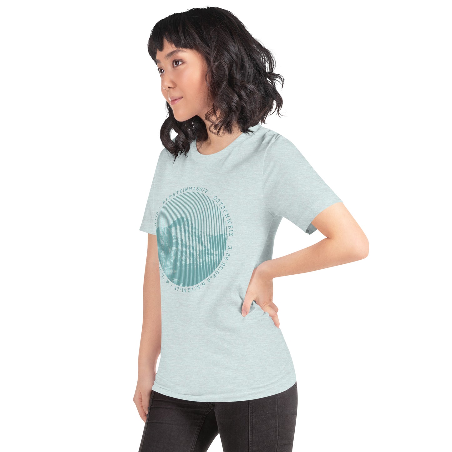 Damen T-Shirt in Eisblau mit Säntis-Print, Baumwolle, lässiger Schnitt.