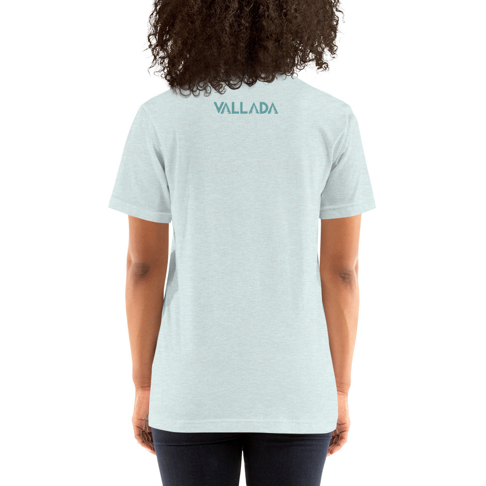 Damen T-Shirt in Eisblau aus der Säntis-Collection von Vallada, Rückansicht mit Vallada-Logo.