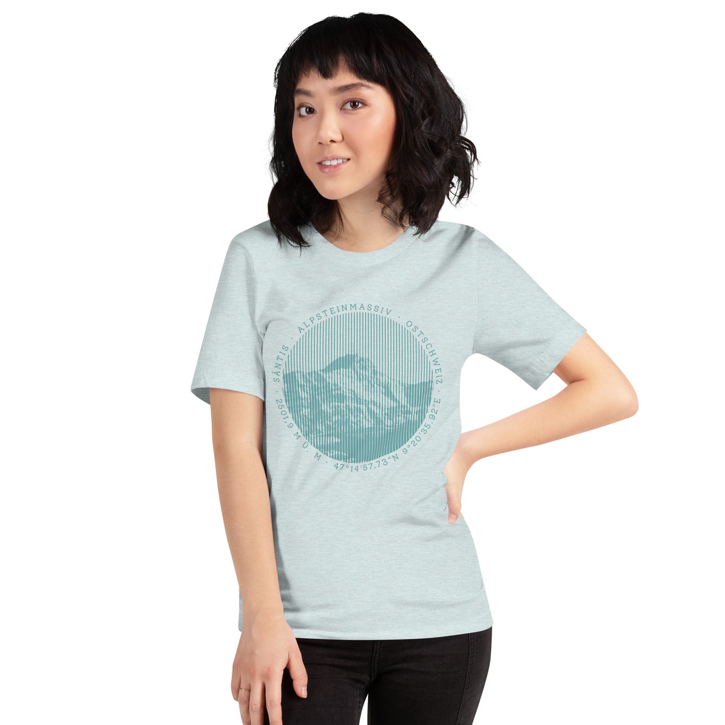 Damen T-Shirt in Eisblau mit Säntis-Print aus Baumwolle, Vorderansicht.