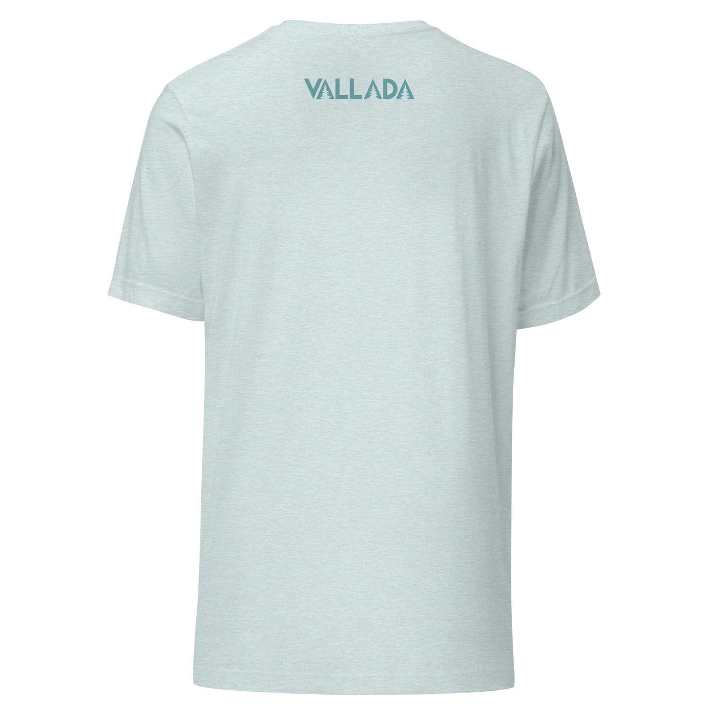 Rückansicht des eisblauen Damen T-Shirts 'Säntis' mit Vallada-Logo auf der linken Schulter
