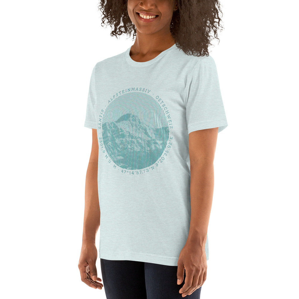 Damen T-Shirt in Eisblau mit Säntis-Gipfel-Print, Baumwolle, Rundhalsausschnitt.