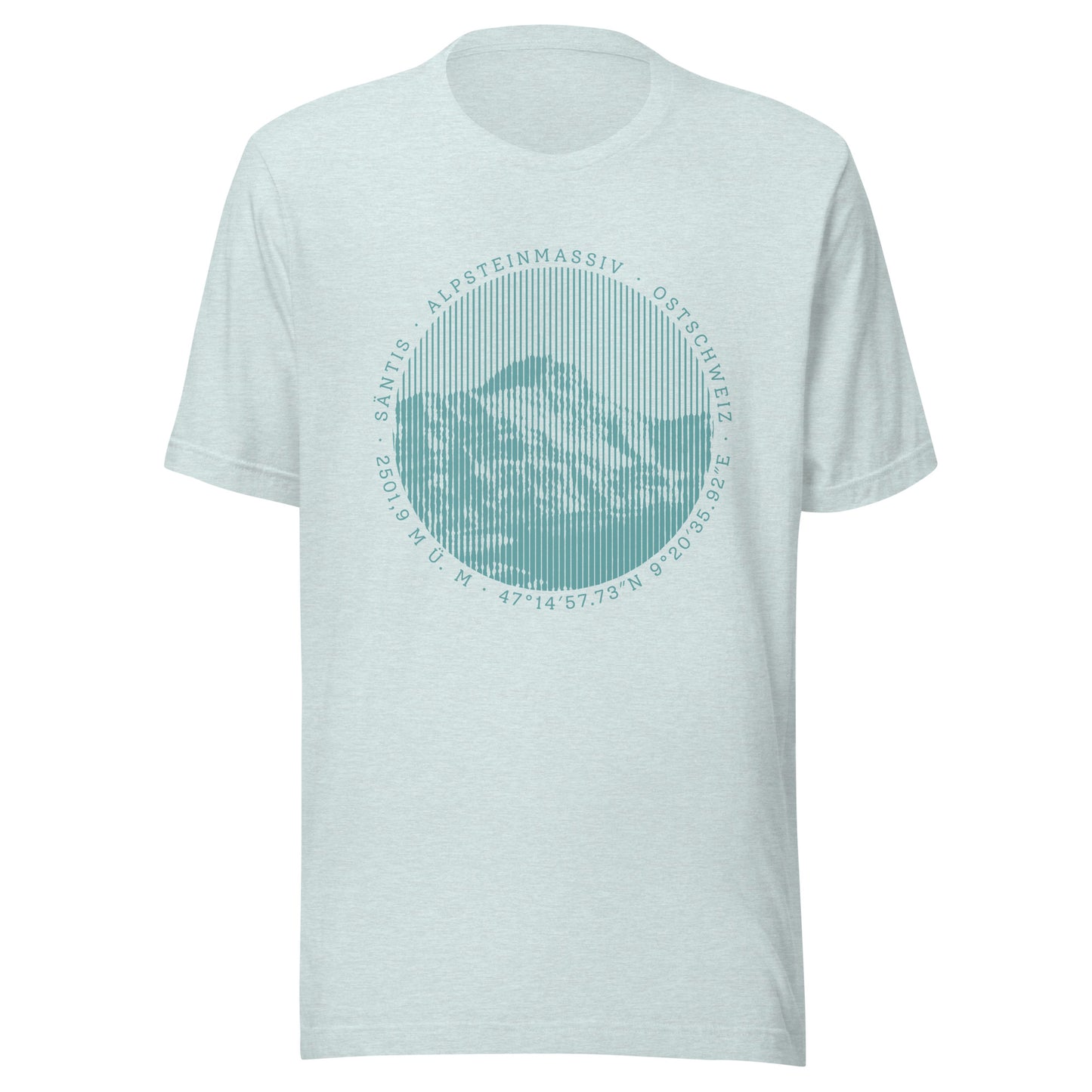 Damen T-Shirt in Eisblau mit Säntis-Motiv und Koordinaten, Baumwolle, Rundhalsausschnitt.