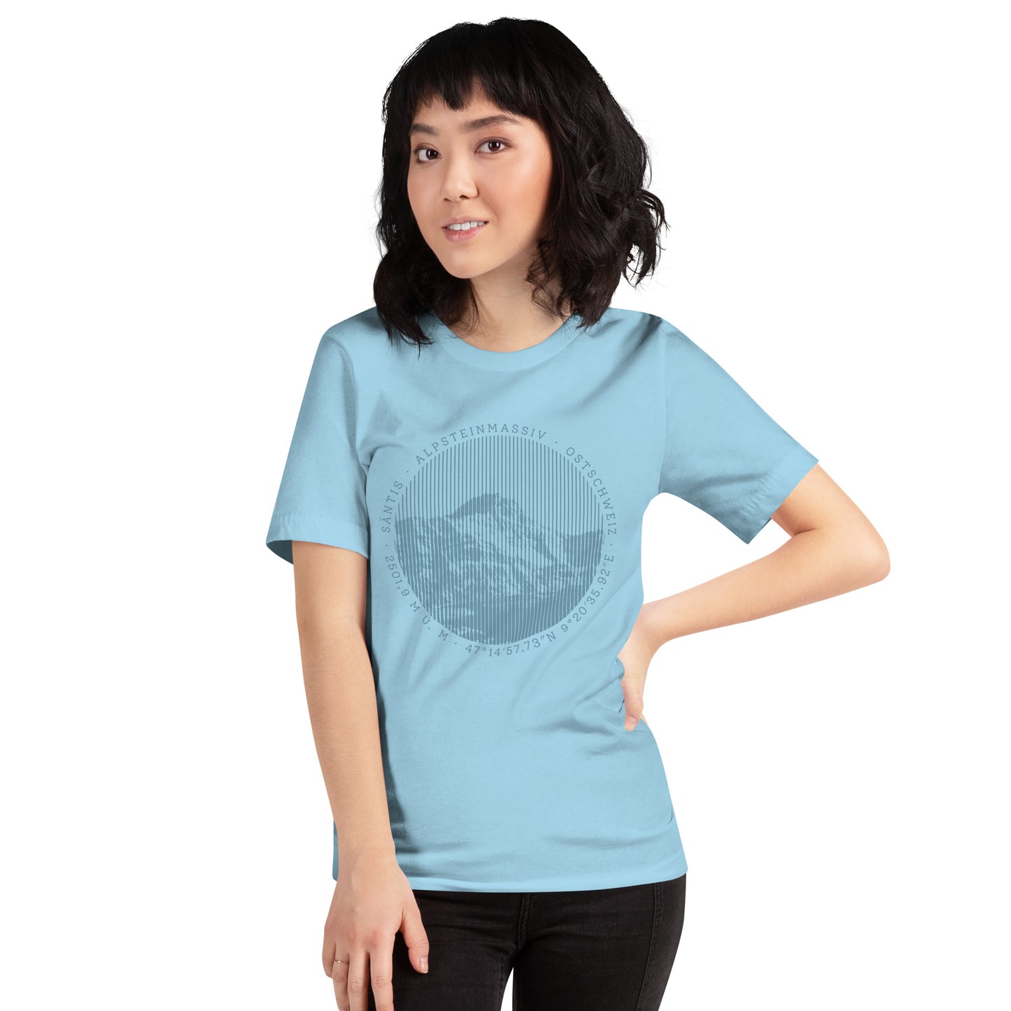 Meerblaues Damen T-Shirt mit Säntis-Print, Baumwolle, lässiger Schnitt, ideal für Outdoor-Fans