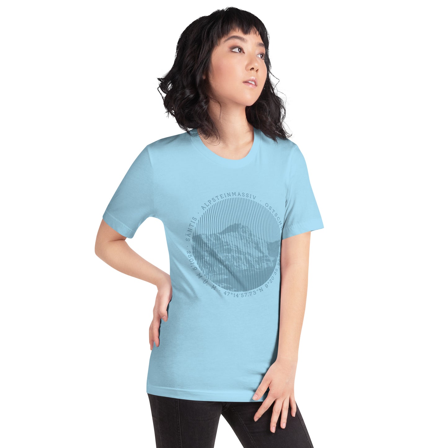 Damen T-Shirt in Meerblau mit Säntis-Gipfel-Aufdruck, Baumwolle, Frontansicht