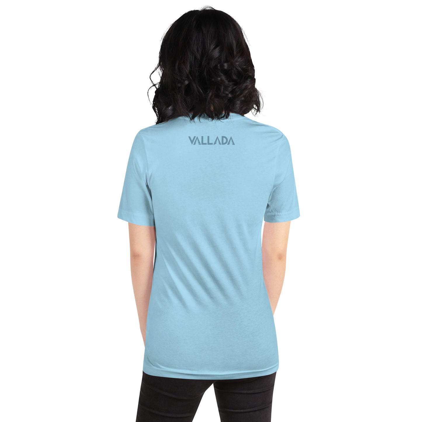 Damen T-Shirt in Meerblau aus der Säntis-Collection von Vallada, Rückansicht mit Vallada-Logo, ideal für Wanderungen.