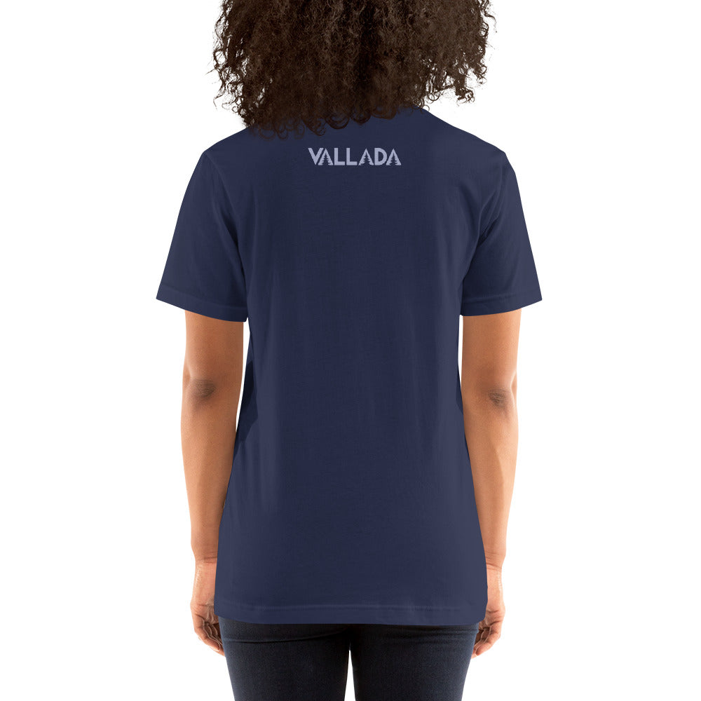 Damen T-Shirt in Navyblau aus der Säntis-Collection von Vallada, Rückansicht mit Vallada-Logo.