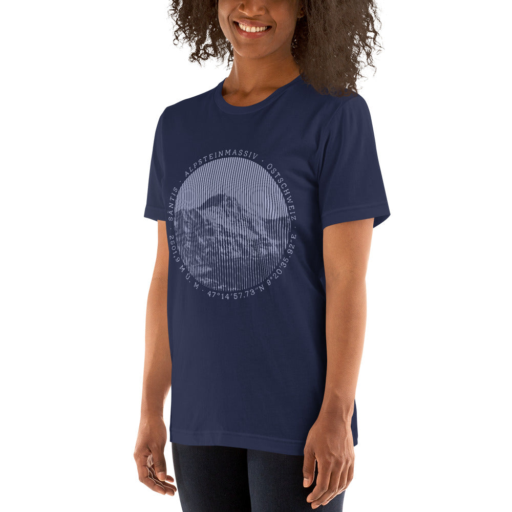 Navyblaues Damen T-Shirt mit Säntis-Gipfel-Print, Baumwolle, lässiger Schnitt, Frontansicht.