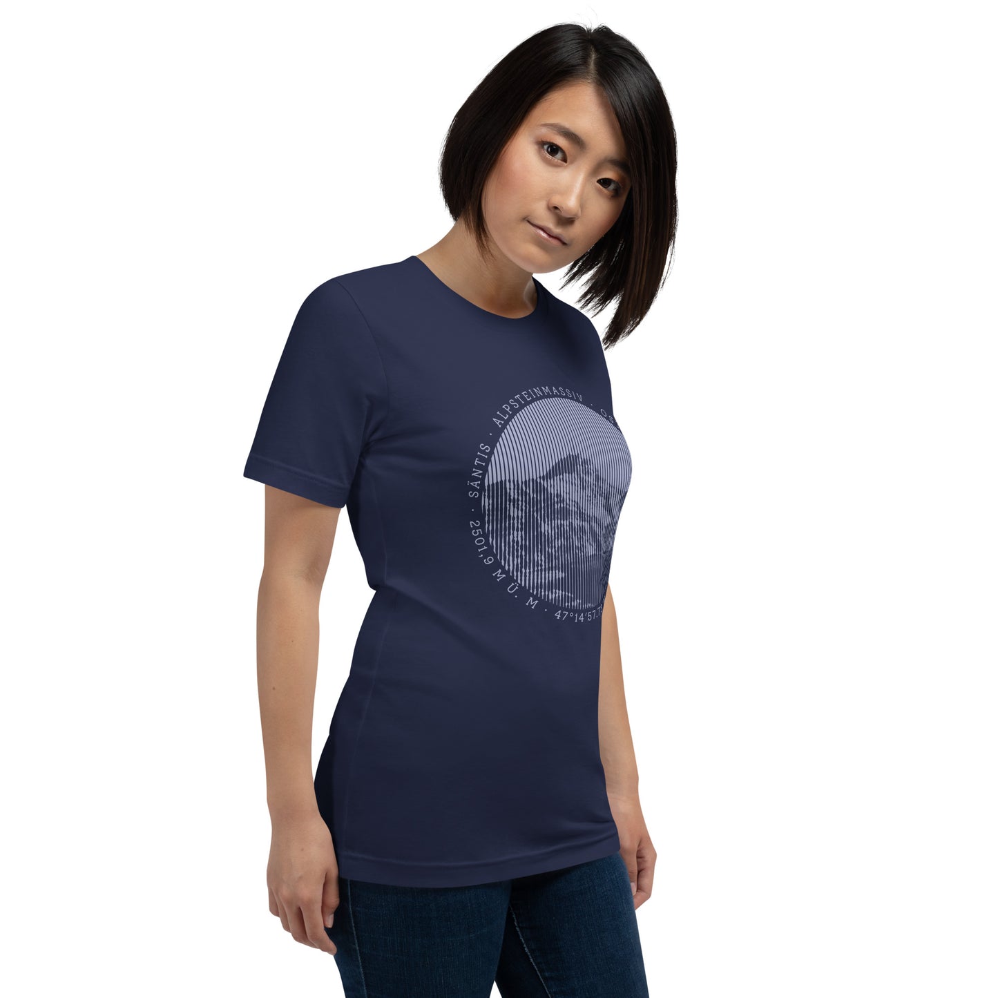 Navyblaues Damen T-Shirt mit Säntis-Gipfel-Aufdruck, Baumwolle, bequemer Schnitt, ideal für Outdoor-Enthusiasten.