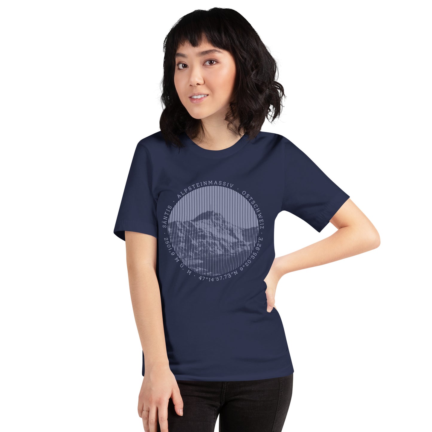 Navyblaues Damen T-Shirt mit Säntis-Print, Baumwolle, lässiger Schnitt, Frauen T-Shirt mit Alpenmotiv