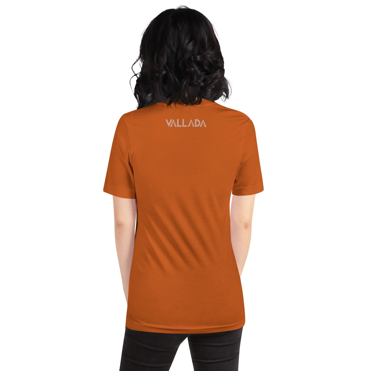 Oranges Damen T-Shirt aus der Säntis-Collection von Vallada, Rückansicht mit Vallada-Logo