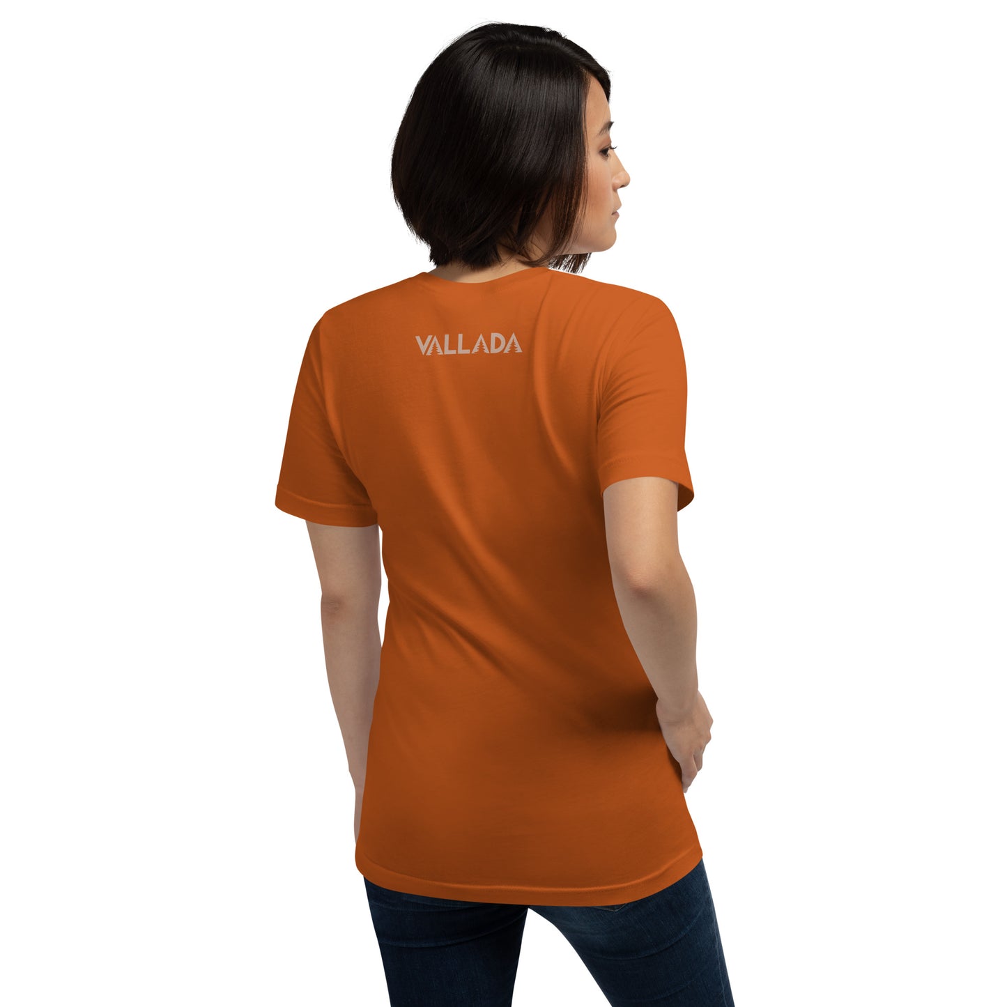 Oranges Damen T-Shirt aus der Säntis-Collection von Vallada mit Vallada-Logo auf dem Rücken.