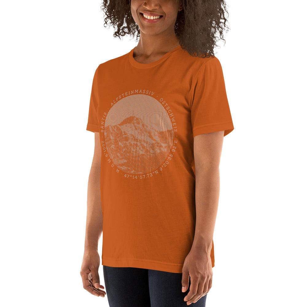 Oranges Damen T-Shirt mit Säntis-Print, Baumwolle, lässiger Schnitt, Frontansicht.