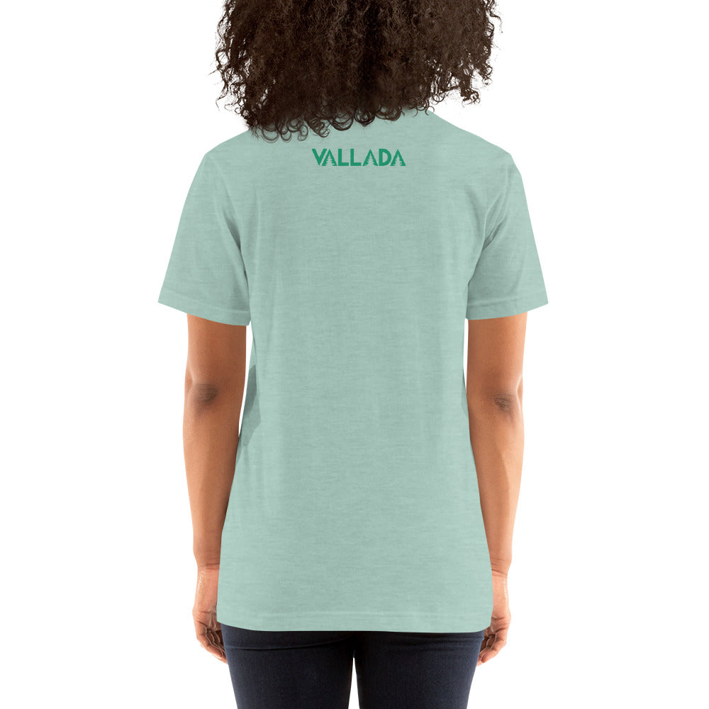 Taubenblau meliertes Damen T-Shirt aus der Säntis-Collection von Vallada, Rückansicht mit Vallada-Logo.