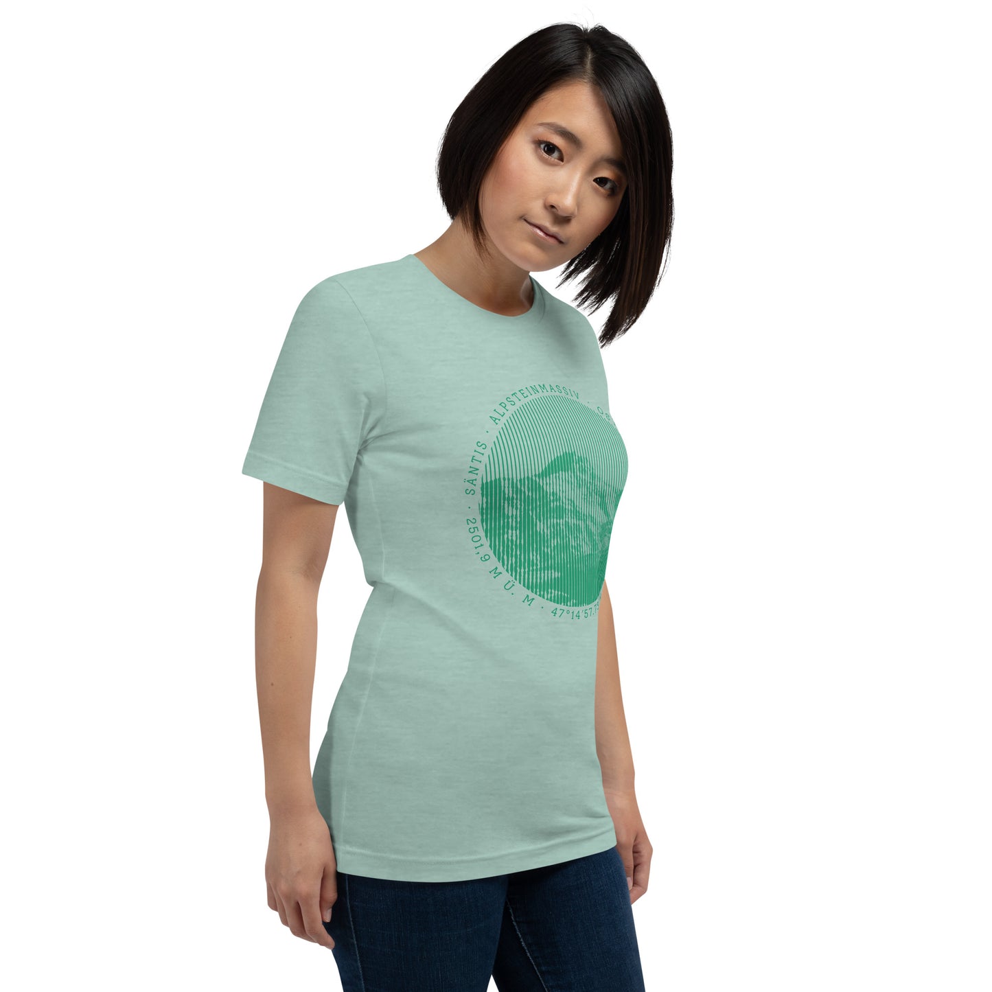 Damen T-Shirt in Taubenblau meliert mit Säntis-Gipfel-Aufdruck, Baumwolle, bequemer Schnitt.
