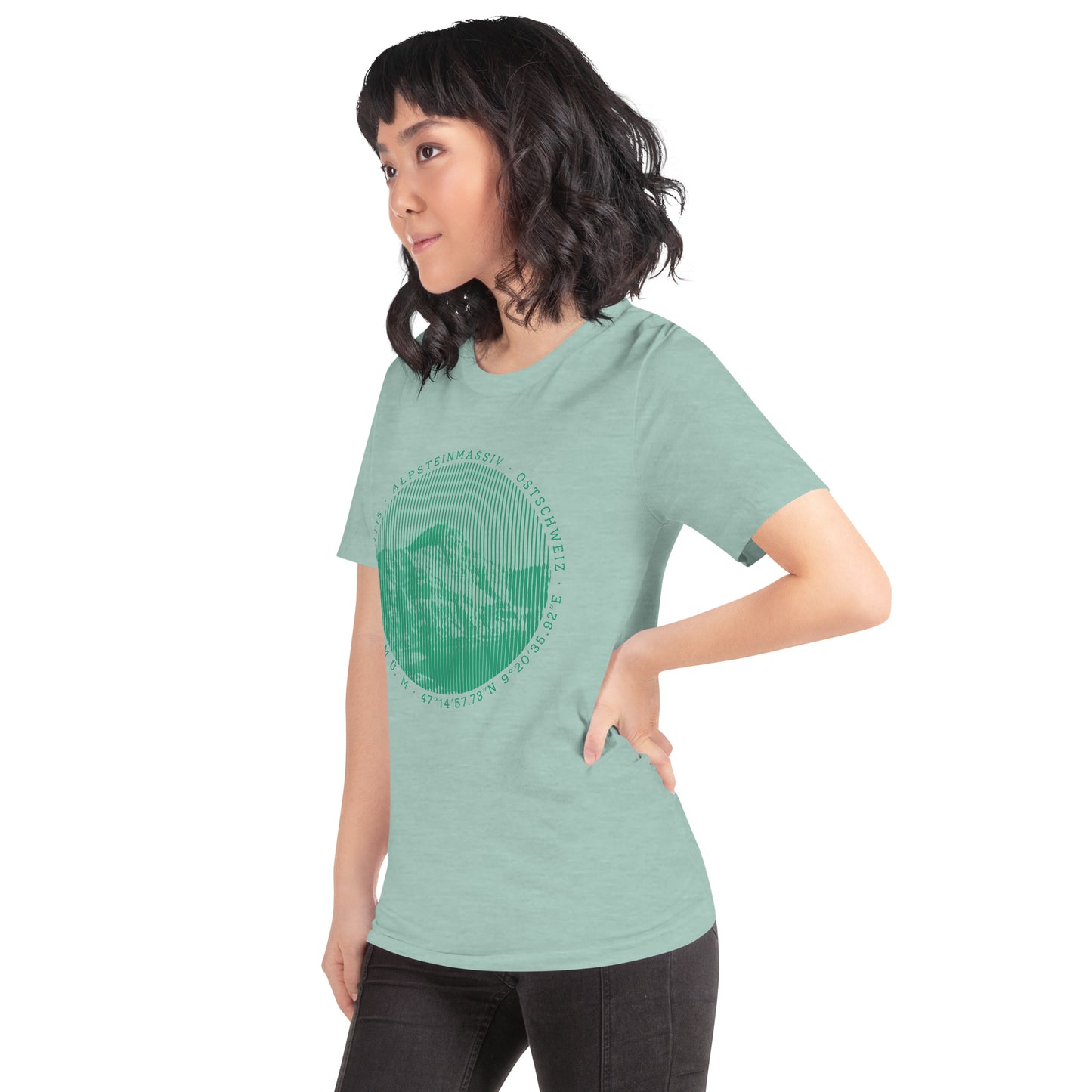 Damen T-Shirt in Taubenblau meliert mit Säntis-Print, Baumwolle, lässiger Schnitt.